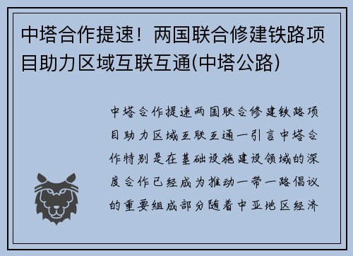 中塔合作提速!两国联合修建铁路项目助力区域互联互通(中塔公路)